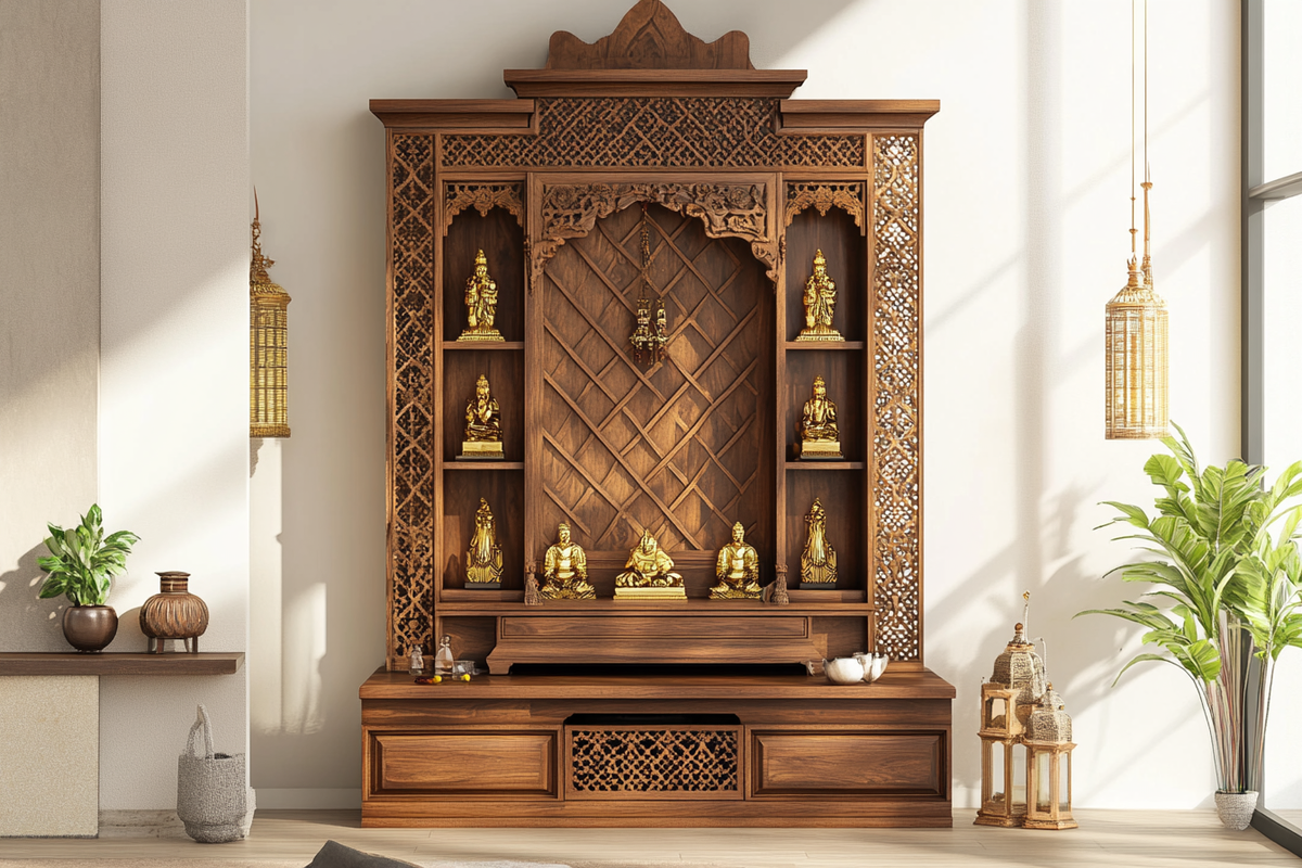 Contemporary Mandir Design With Wooden Wall Panel