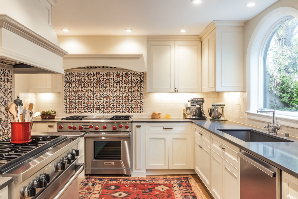 Contemporary Modular Irish-Cream L-Shape Kitchen Design With Moroccan Backsplash