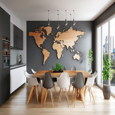 Modern Beige And Wood Dining Room Design With Grey Accent Wall And World Map