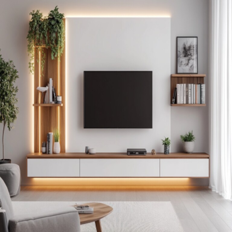 Contemporary White And Wood TV Unit Design With Long Open Wall Shelf