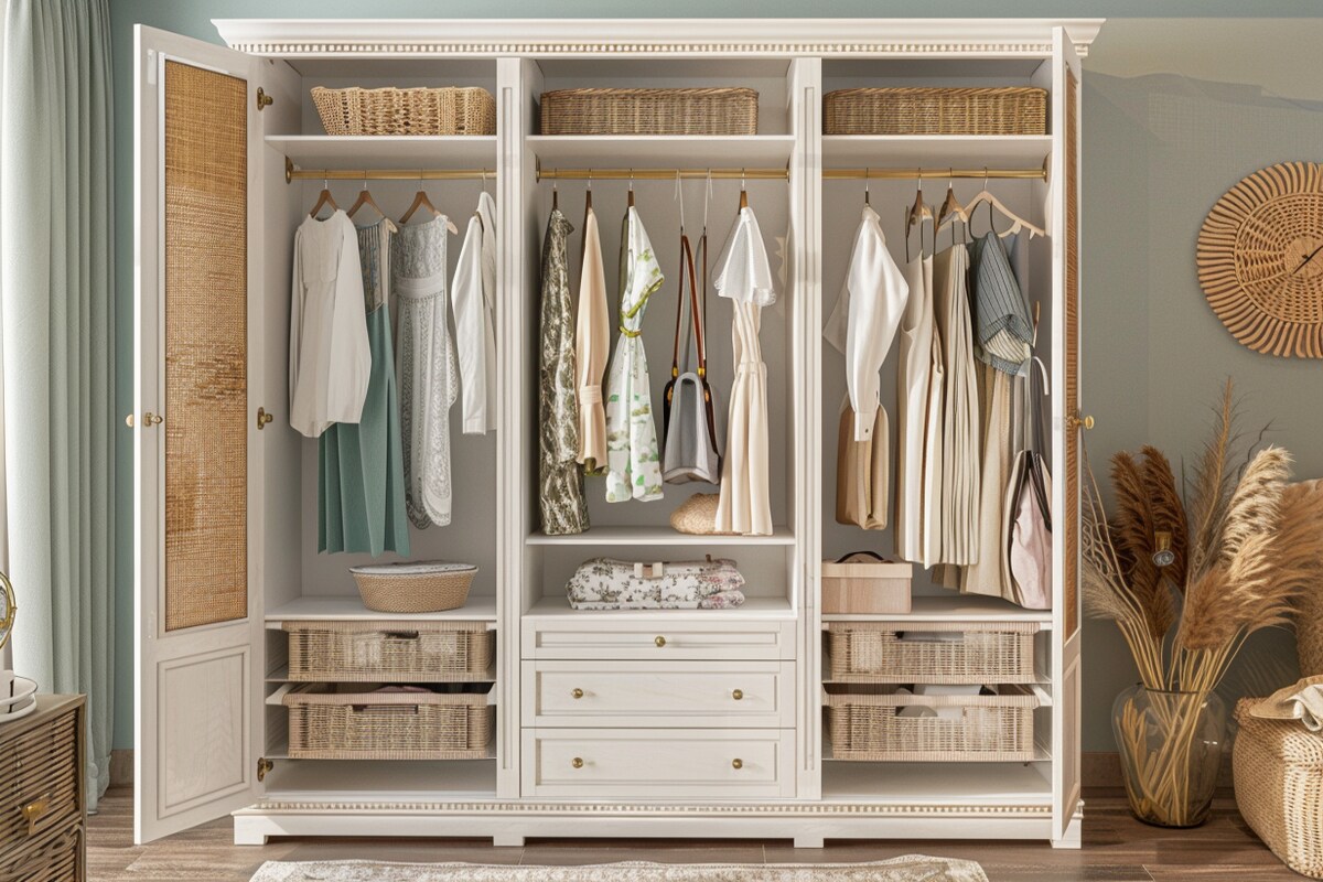 Classic 4-Door Swing Wardrobe Design In Frosty White And Beige Rattan Colour Classic 4-Door Swing Wardrobe Design In Frosty White And Beige Rattan Colour