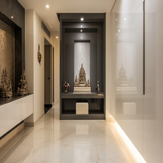 Modern Open Grey And White Mandir Design Integrated With A Spacious Storage Unit