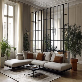 Modern Living Room Design with L-Shaped Sofa and Black Metal Partition