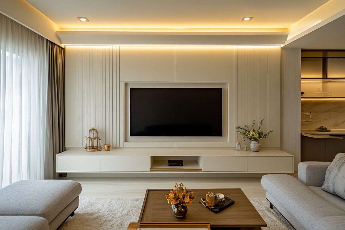 Contemporary Frosty White TV Unit Design With Cream Fluted Panel