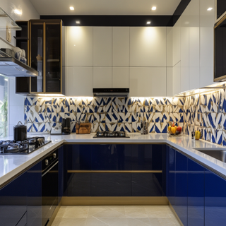 Modern Modular Dark Blue And White Indian Kitchen Design With Geometric Backsplash