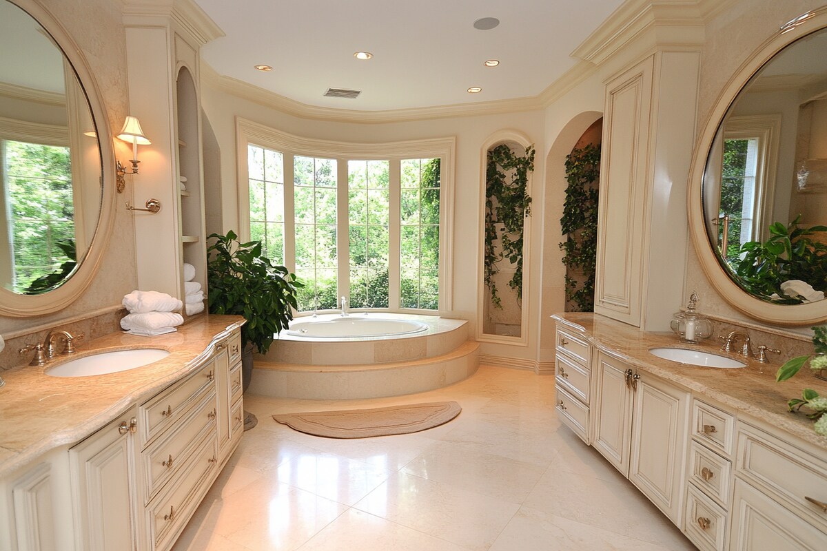 Traditional Cream Marble Bathroom Design With Round Mirror