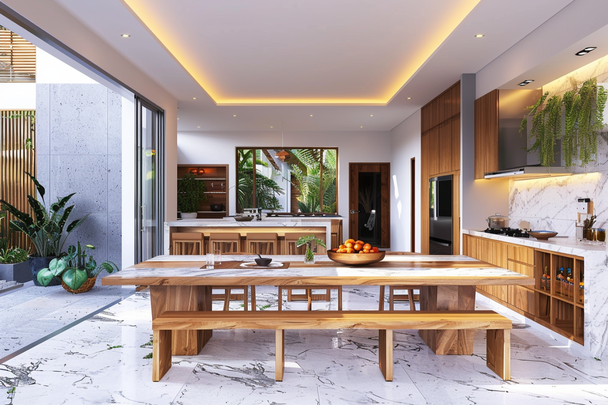 Modern 3-Seater Dining Room Design With Long Wooden Seater And Marble Dining Room Tiles