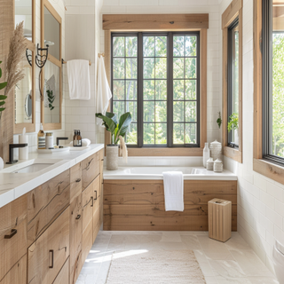 Scandinavian White And Wood Bathroom Design With Wooden Cabinets And Cream Flooring