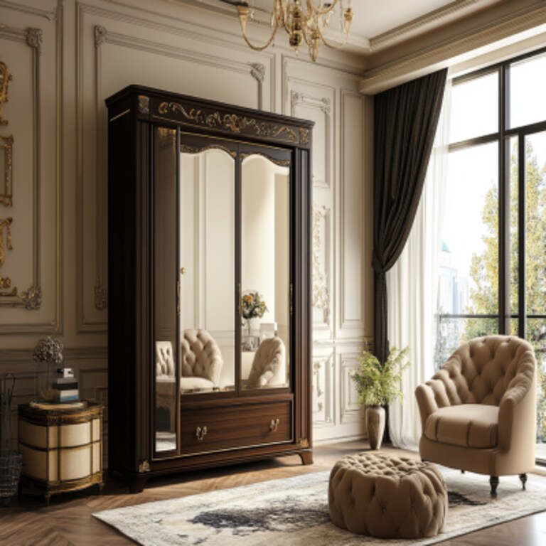 Classic Swing Wardrobe Design With Mirror In Champagne And Walnut Bronze