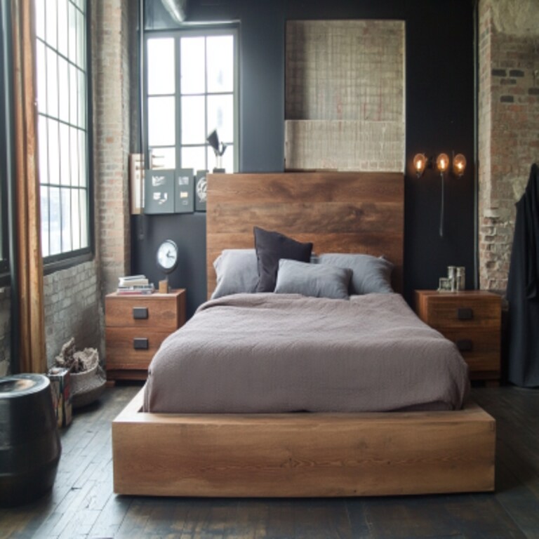 Industrial Master Bedroom Design With Wooden Bed And Side Tables