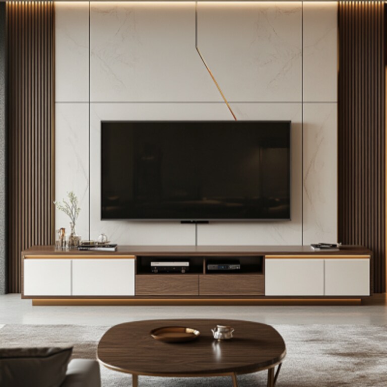 Modern TV Unit Design in Frosty White with Walnut Bronze Finish