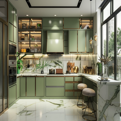 Contemporary L-Shaped Modular Kitchen Design With Pastel Green Cabinets