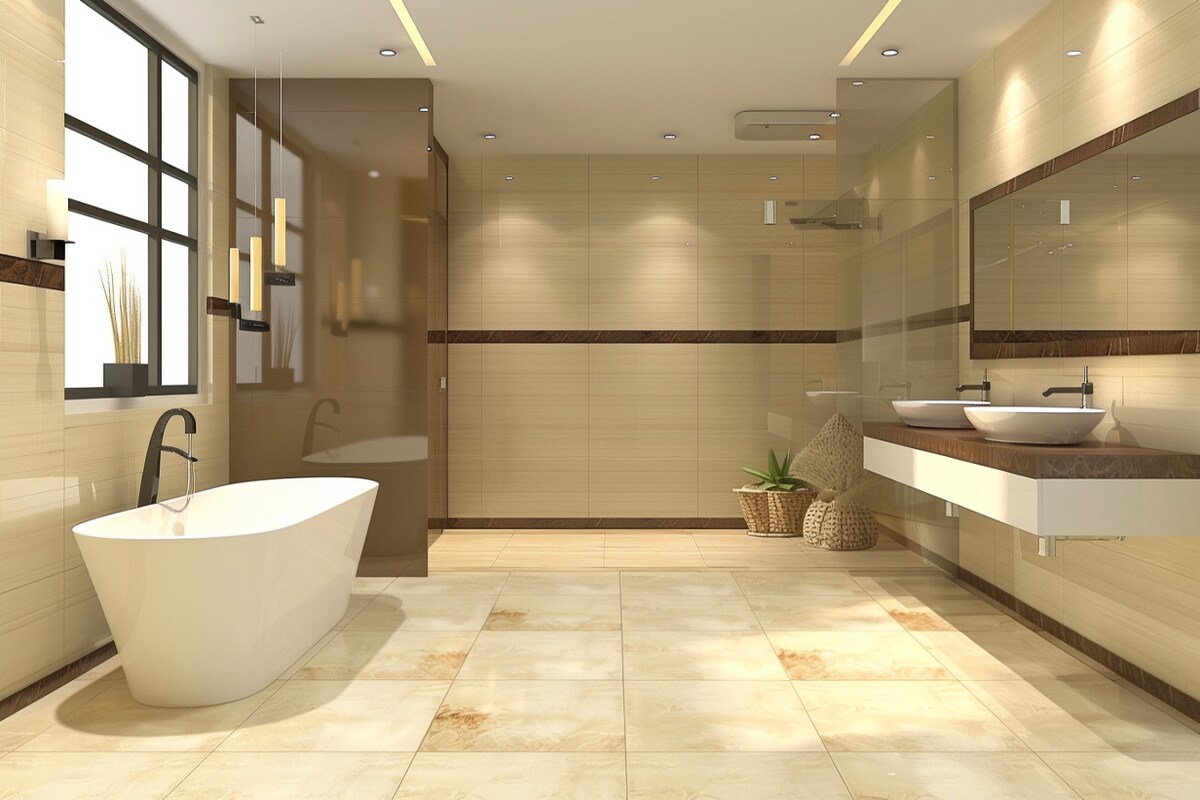 Modern Small Bathroom Design Idea With Beige Glossy Tiles