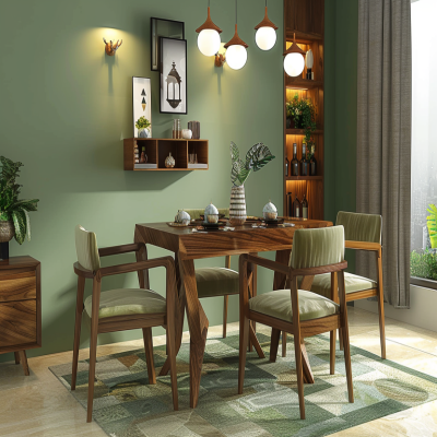 Modern 4-Seater Wood And Green Dining Room Design With Wall-Mounted Mandir Unit