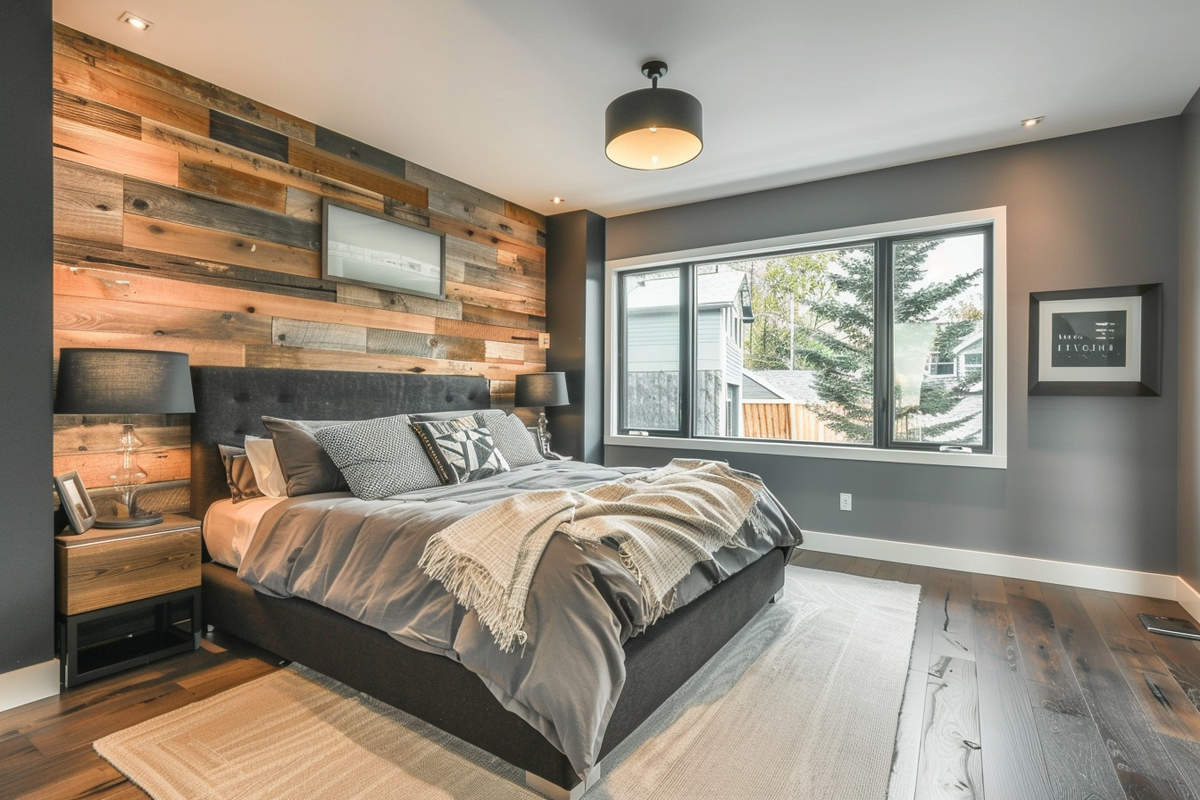 Contemporary Master Bedroom Design With Dual Grey And Wood Accent Wall