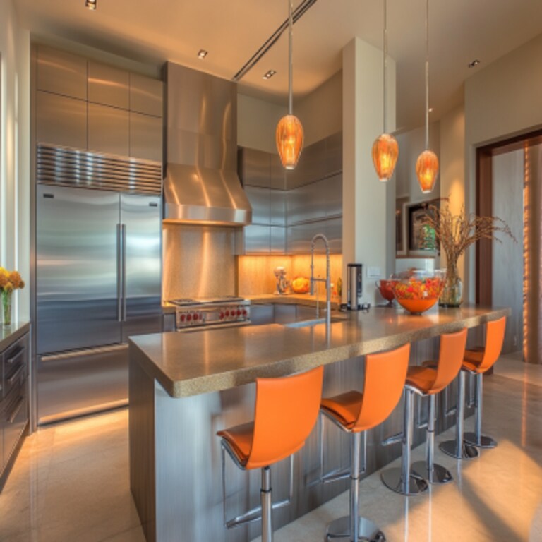 Modern U-Shaped Kitchen Design with Silver Units with Corian Countertop