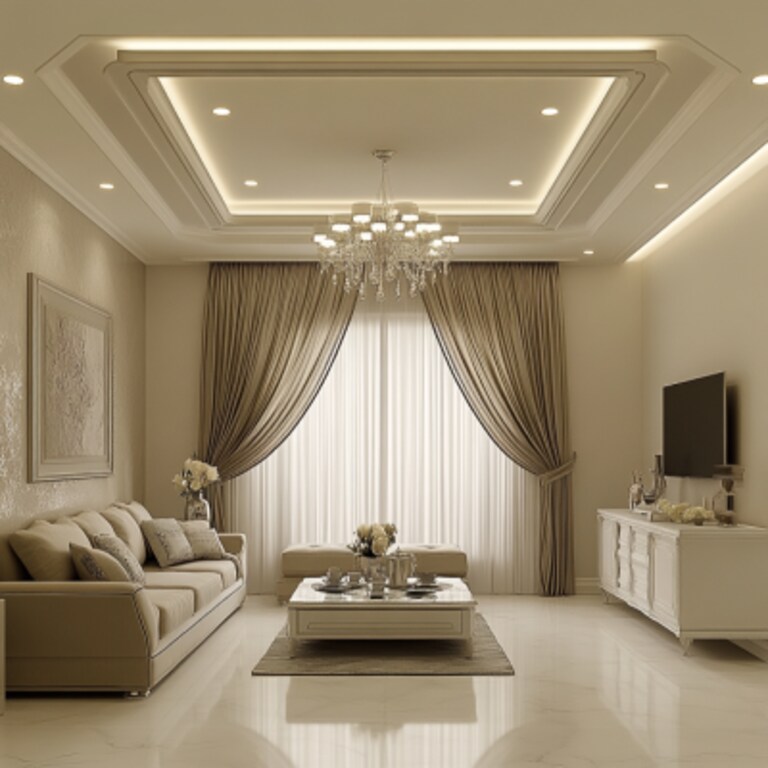 Peripheral Contemporary Gypsum False Ceiling Design With Chandelier