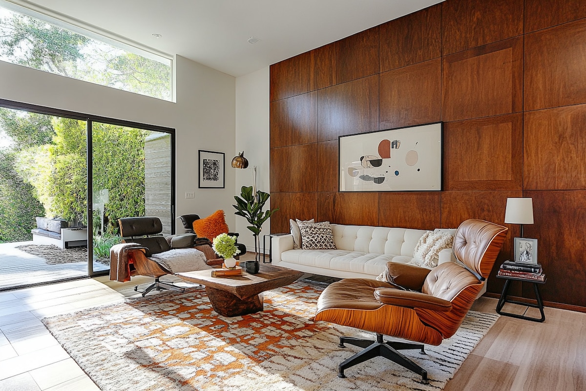 Modern Brown And White Living Room Wall Design With Wooden Wall Panel