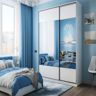 Contemporary 2-Door Blue And White Sliding Wardrobe Design With Mirror