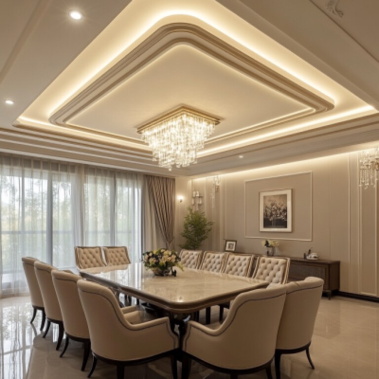 Contemporary Single-Layered Gypsum False Ceiling Design With Recessed Lights And Chandelier