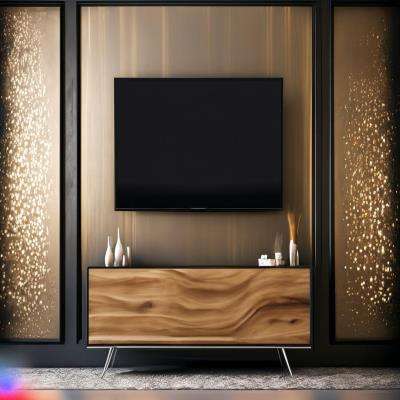 Modern TV Unit Design in Black and Brown Laminate with Dazzling Backdrop