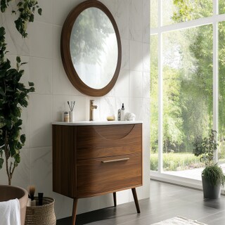 Mid Century Modern Bathroom Design With Oval Mirror and Vanity