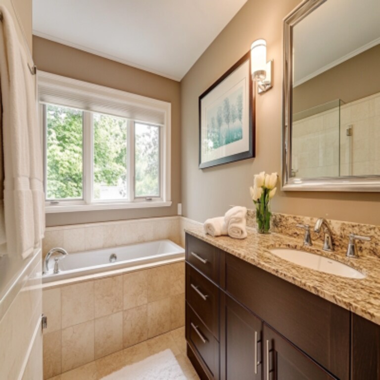 Modern Small Bathroom Design In Beige With Rectangular Mirror