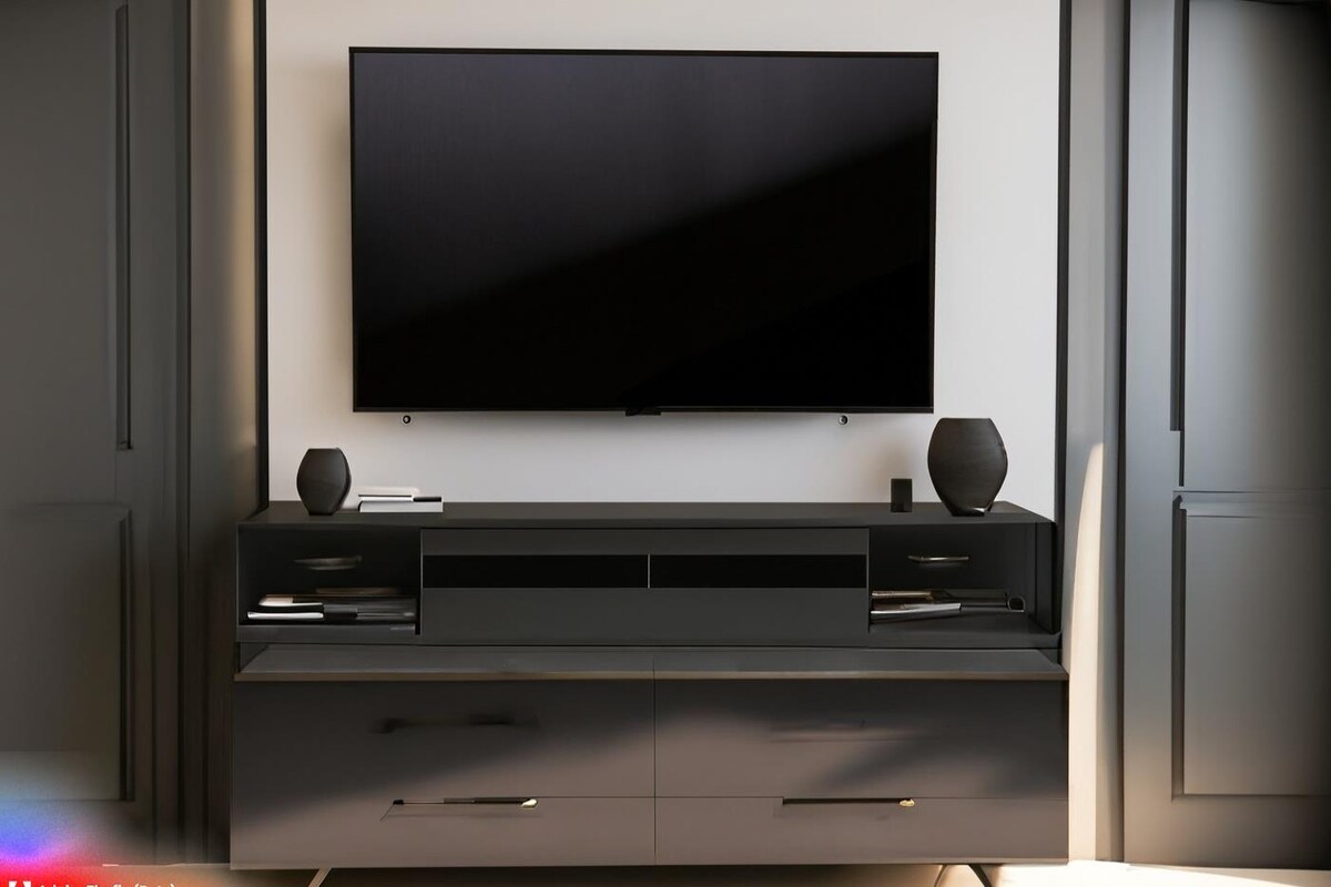 Modern TV Unit Design Matte Black Laminate Modern TV Unit Design Matte Black Laminate