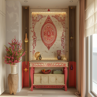 Modern Floor-Mounted Mandir Unit with Cardinal Red Accents And Om Mandala Wall Design