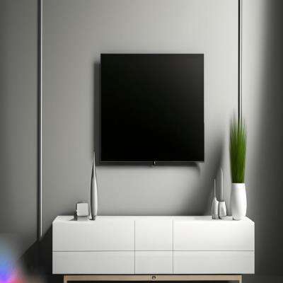 Modern White TV Unit Design With Grey Backdrop