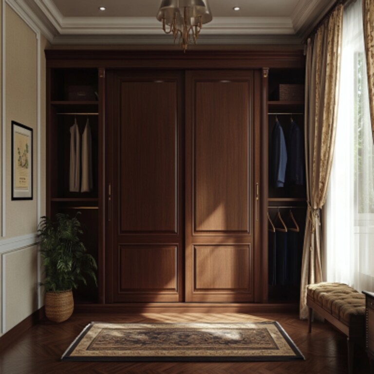 Classic 2-Door Sliding Door Wardrobe Design In Walnut Tones