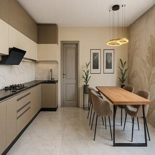Contemporary Beige and Brown L Shaped Kitchen with Dining Area