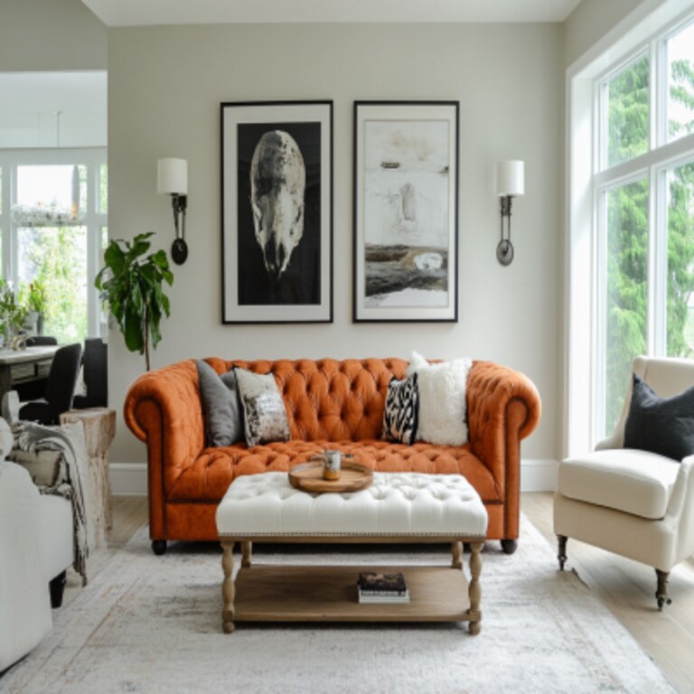 Modern Living Room Design With Brick-Toned Chesterfield Sofa And Off-White Accent Chair