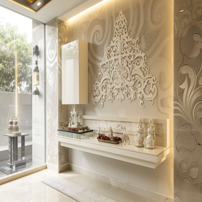 Contemporary Mandir Design With Wall-Mounted White Storage Units And Beige Wallpaper