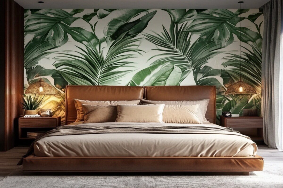 Tropical Wallpaper and Brown Bed in a Modern Master Bedroom Design