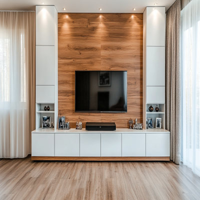 Contemporary TV Unit Design With Wooden Accent Wall And Stacked White Closed Storage Units