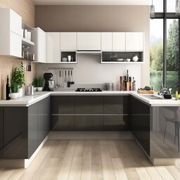 Contemporary Frosty White And Black Currant Modular L-Shaped Kitchen Design