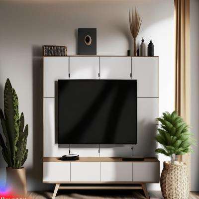 Modern Boho TV Unit Design with Storage Cabinet and planter