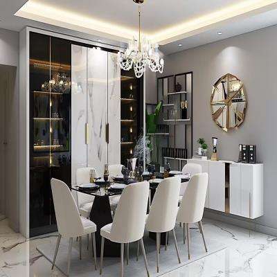 Contemporary White 6-seater Dining Room Design With Black Frosted Crockery Unit And Bevelled Mirror