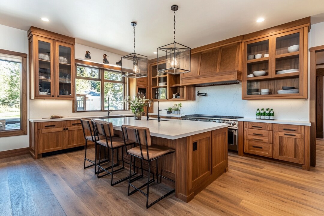 Classic Open Modular Wooden Kitchen Design With Suede-Finish Kitchen ...