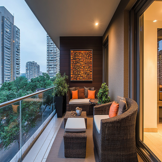 Modern Balcony Design with Brown Accent Wall and Artistic Furnishings