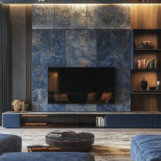 Modern TV Unit Design with Ethnic Denim Splash and Marble Backpanel