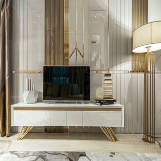 Contemporary White And Grey TV Unit Design With Wooden Panelling Wall Panel And Gold Inlay