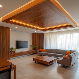 POP And Wooden Single-Layered Contemporary Laminate Ceiling Design