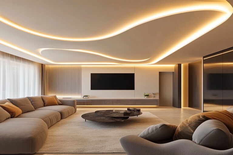 String Ceiling Design Modern Single-Layered Ceiling Design With Strip Lighting