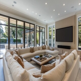 Contemporary U-Shaped Living Room Design With White And Beige Floor-Mounted TV Unit