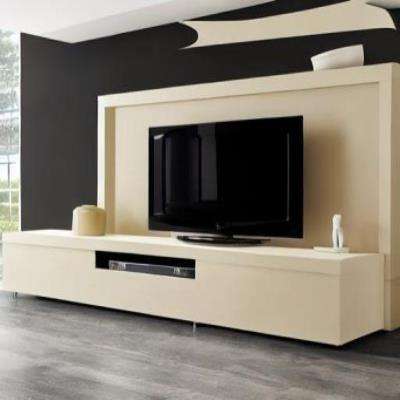 Contemporary TV Unit Design in Cream Laminate with Grey Flooring