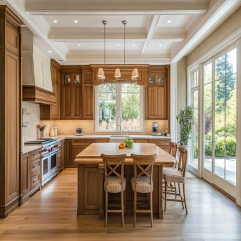 Classic Modular Wooden Open Kitchen Design With Integrated Dining Table