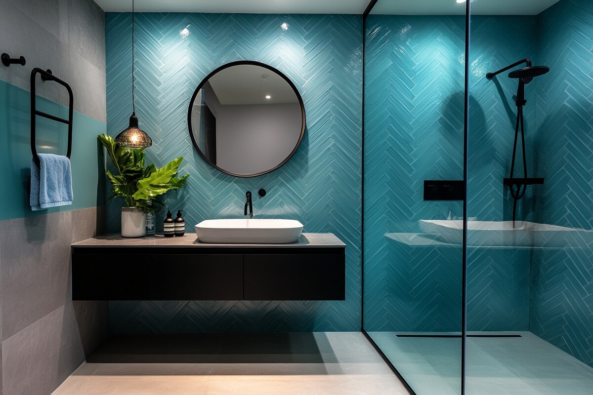 Contemporary Teal Blue Chevron Bathroom Tile Design Contemporary Teal Blue Chevron Bathroom Tile Design