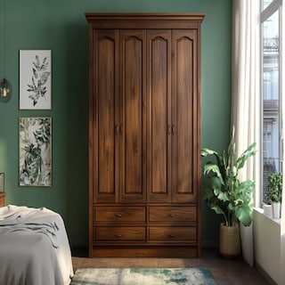 Classic 4-Door Swing Wardrobe Design With Wooden Texture